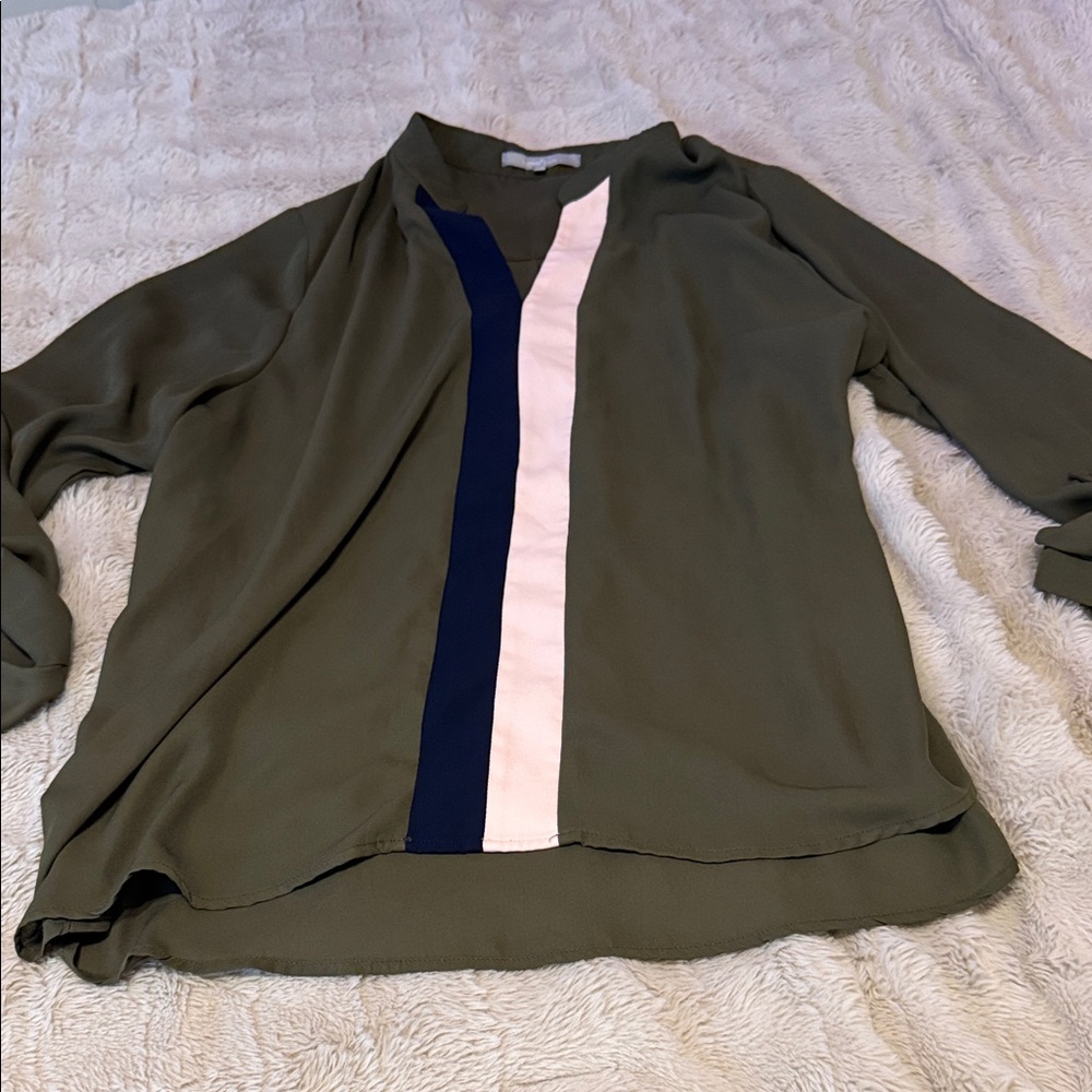 Sweet Rain Khaki Blouse with Pink and Blue Stripes